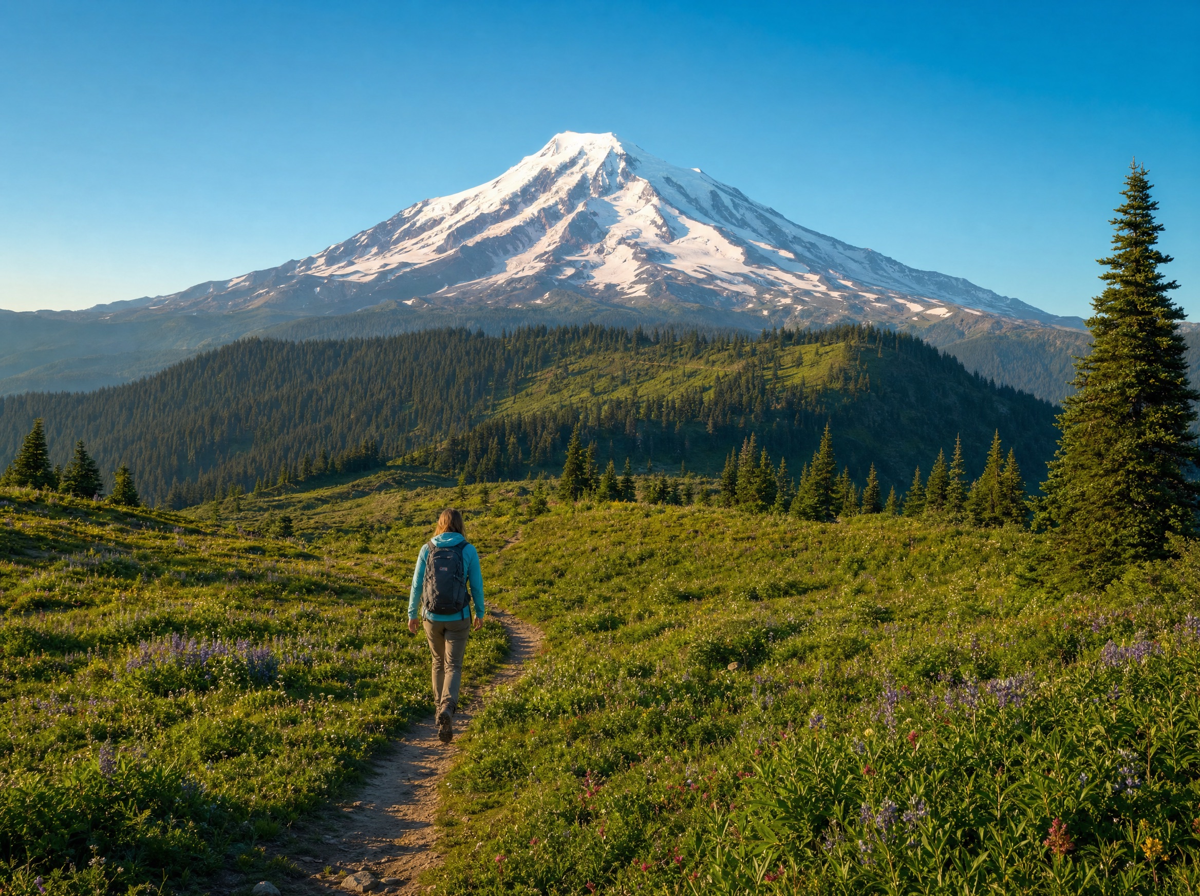 A hiker walking up a sunlit meadow trail toward a fully visible snow-capped peak